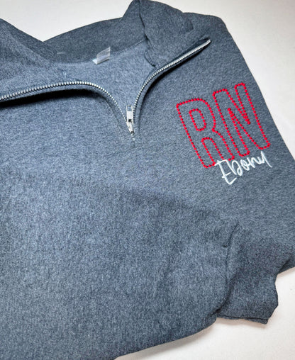 Dotted RN Embroidered Quarter Zip Sweatshirt