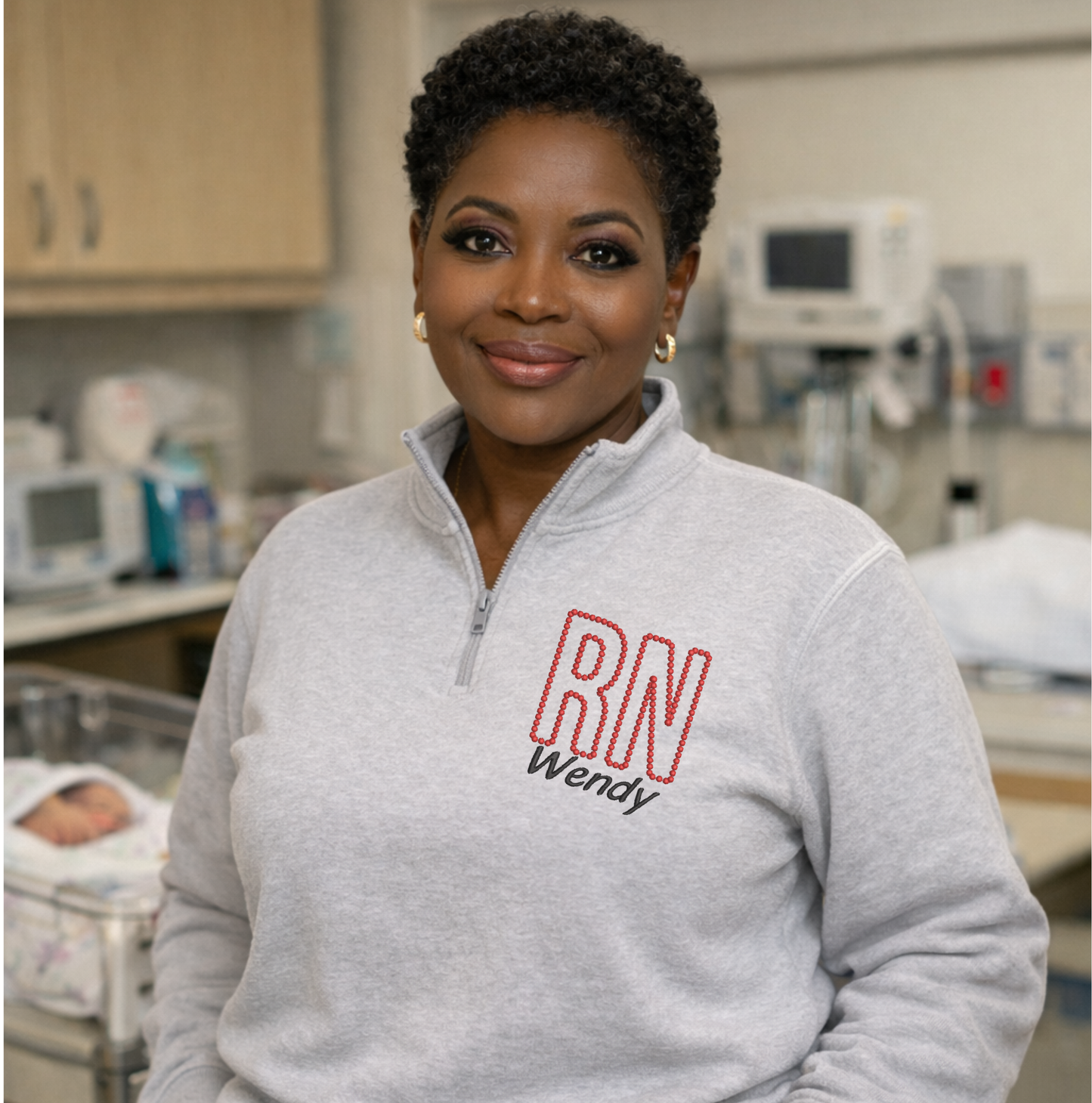 Dotted RN Embroidered Quarter Zip Sweatshirt